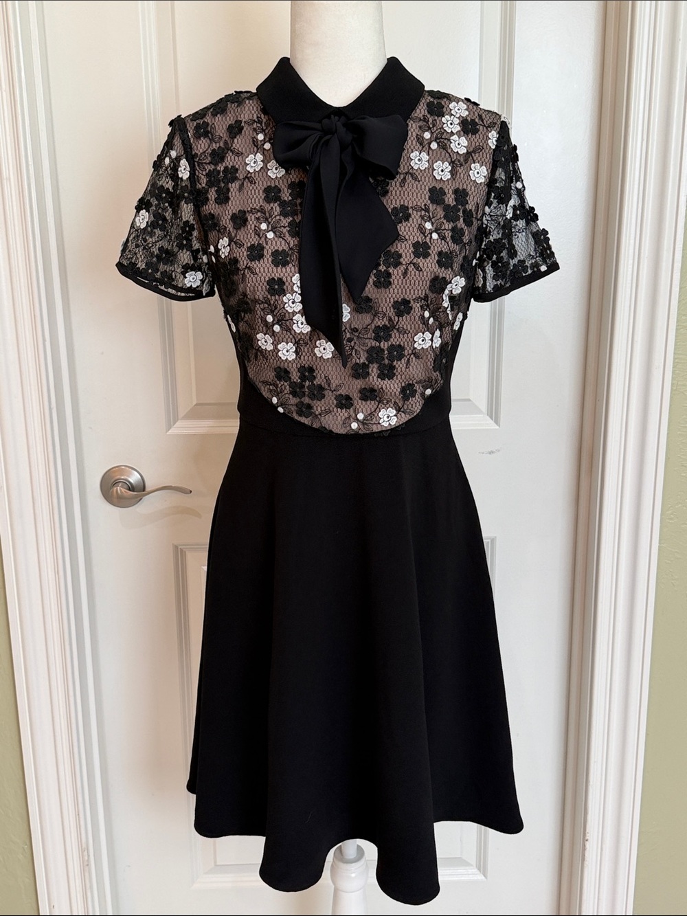 Black Floral Lace Bow-Front Fit & Flare Dress